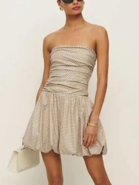Reformation size 10 Clea mini dress strapless drop waist bubble hem brown gingam
